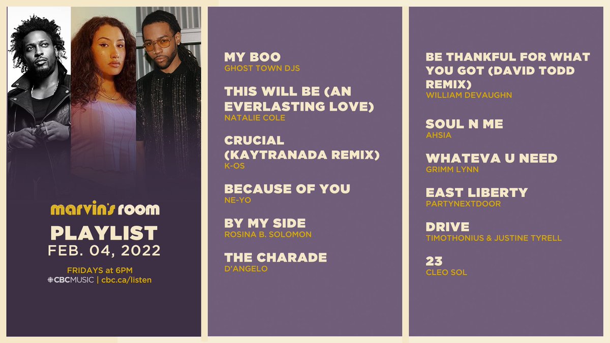 Here’s the playlist for this week’s episode!

Download the CBC Listen app to hear this and other old school, new school, Canadian, and international R&amp;B. 🎶