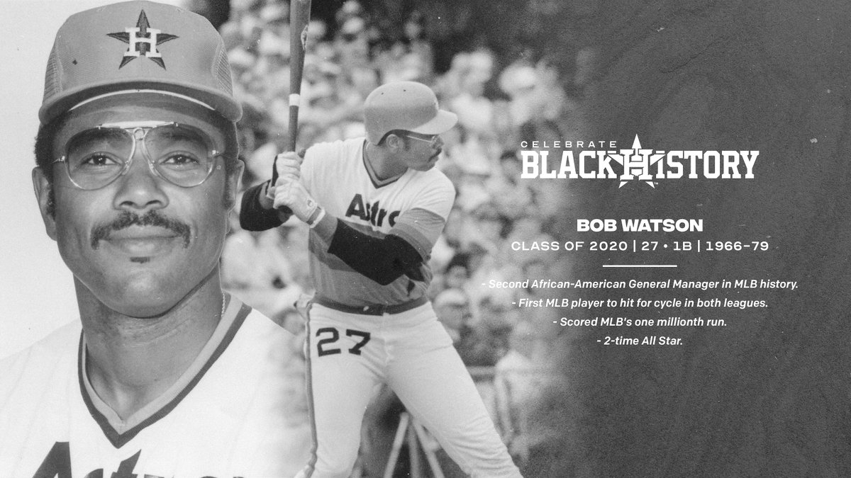 astros's tweet photo. Bob Watson was the first MLB player to hit for the cycle in both leagues and scored the MLB's one millionth run in 1975. Following a lengthy playing career, Watson joined the Astros front office as General Manager in 1994. He was MLB's 2nd African-American GM.

#BlackHistoryMonth https://t.co/eqmq3AXXwK