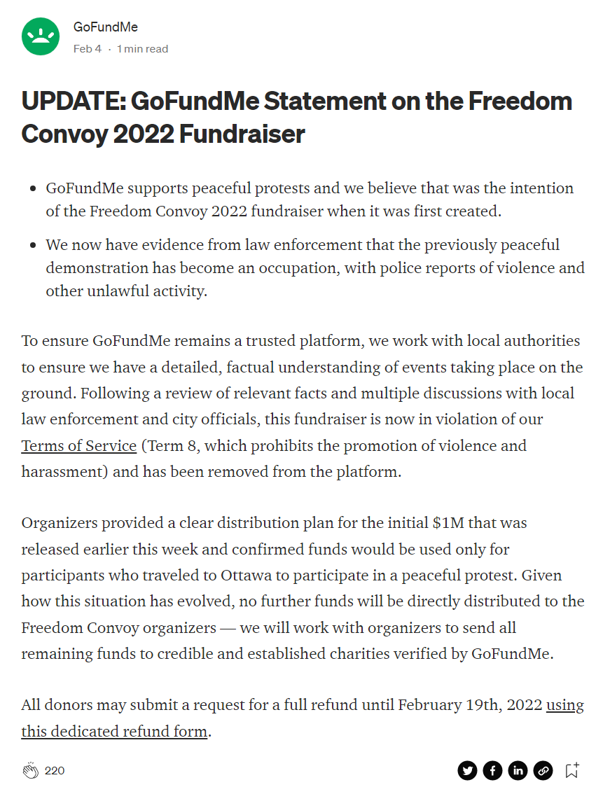 RekietaLaw's tweet photo. So @gofundme has listened to the trucker convoy protesting the deprivation of human rights in Canada, and they talked with Canada, and they decided to side with THE GOVERNMENT OPPRESSING HUMAN RIGHTS.

Amazing.  #GoFuckMe hates you, they hate freedom. https://t.co/yIwdpP0Ac2