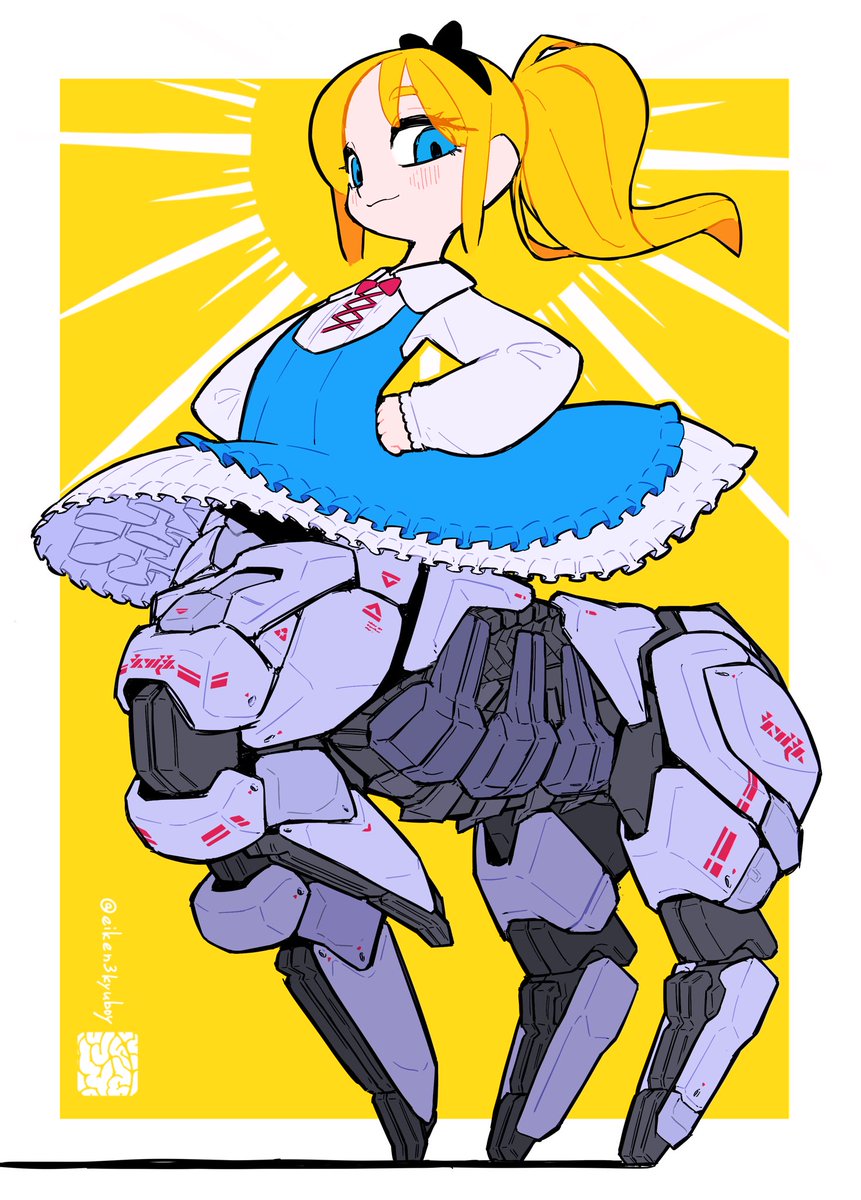 1girl dress blue eyes blonde hair blue dress hands on hips robot  illustration images