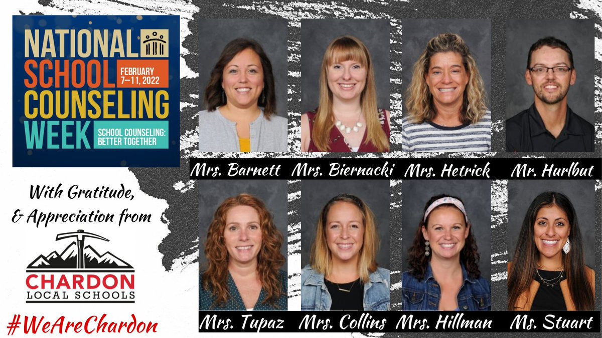 ChardonSchools's tweet photo. #NSCW22 @ASCAtweets 
Recognizing the tremendous impact counselors have on school success, social-emotional wellbeing, &amp; career planning for K-12 Hilltoppers. (We will recognize our social workers March 6-12!) #WeAreChardon #cls @ChardonHS @ChardonMS @parkelemschool @pastorphoto https://t.co/UUqr6BY6rk