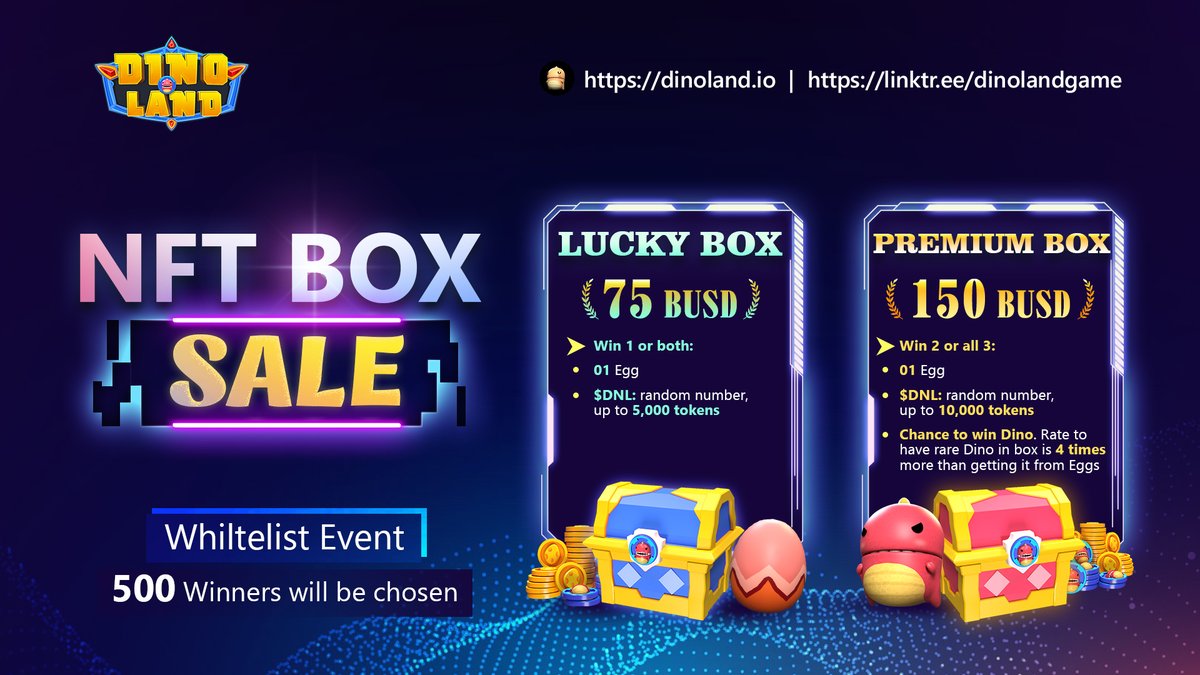 🤩DINO’S MASSIVE #INO 

WHO CAN CLAIM INO SLOT?
👉20 TOP WINNERS and 530 slots RANDOM in Whitelist

Start: 00:00, Feb 5 2022 
End: 23:59, Feb 6 2022
Start sales: Feb 7 2022
NFT Box open time: 02:00, Feb 11 2022
All time in utc

👉Tag 3 friends and join: gleam.io/a6Hoi/dinoland…