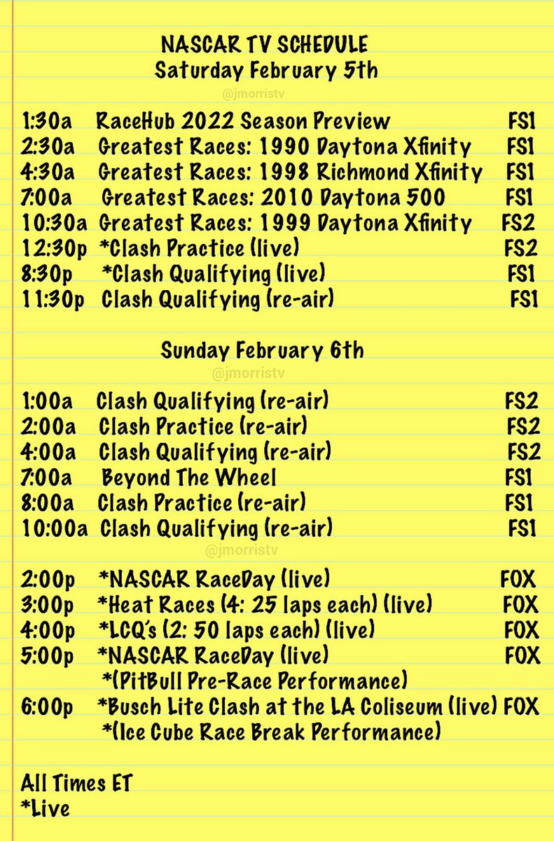 JMorrisTV's tweet photo. 🚨Tune In: It’s Time. Who’s ready? The on track party in LA @lacoliseum finally kicks off live Saturday 12:30p et. A bunch of old races, shows &amp; re-airs to get you ready for the return of cars on track. 2022 Season! Here! We! Come! #NASCAR #BuschLightClash 🚗💨🏁🏆 https://t.co/3neEYmyhf6