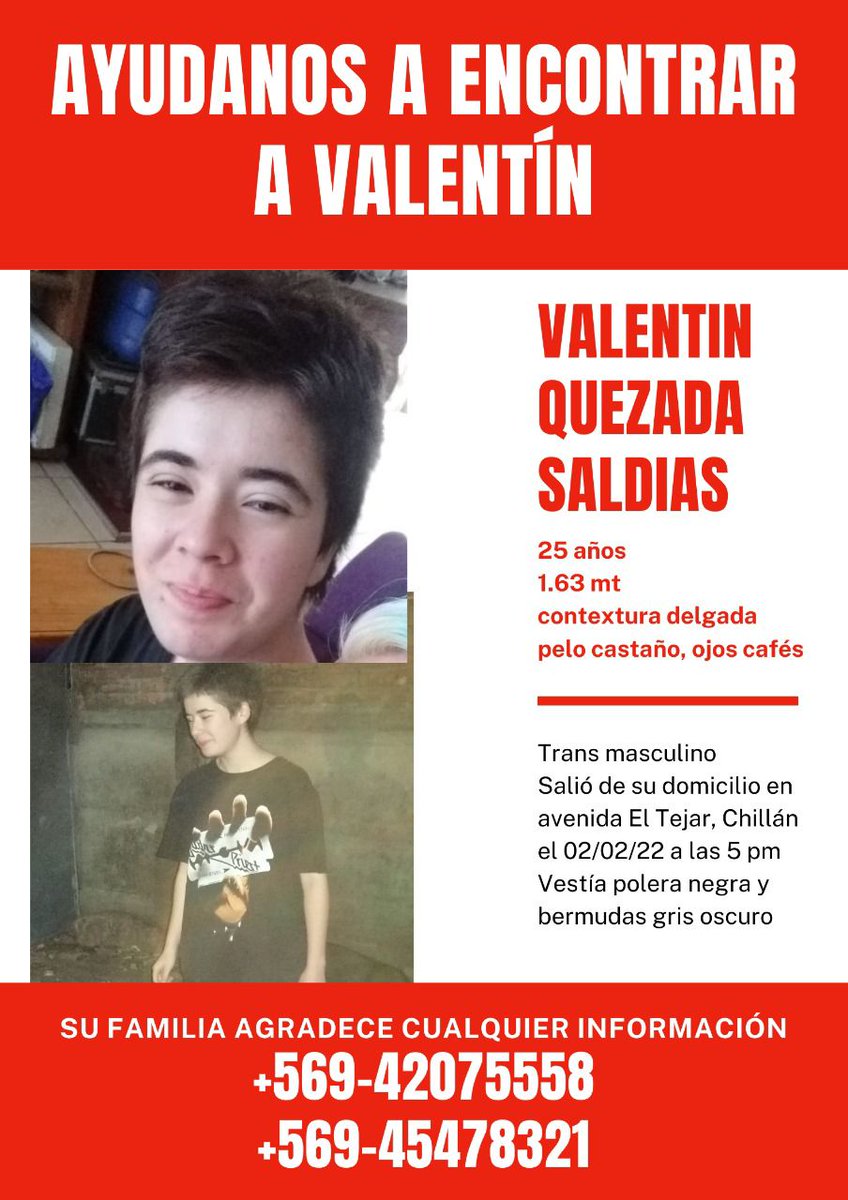 Ayudemos a encontrar a Valentín Quezada Saldías, tiene 25 años
es estudiante de cuarto año de medicina veterinaria de la Universidad de Concepción
apasionado por el tema de rescate de fauna Silvestre

DIFUNDIR🙏
