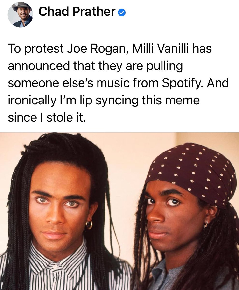 Now this is funny <a href="/WatchChad/">Chad Prather</a>!

#funnyfriday #Spotify #JoeRogan #MilliVanilli