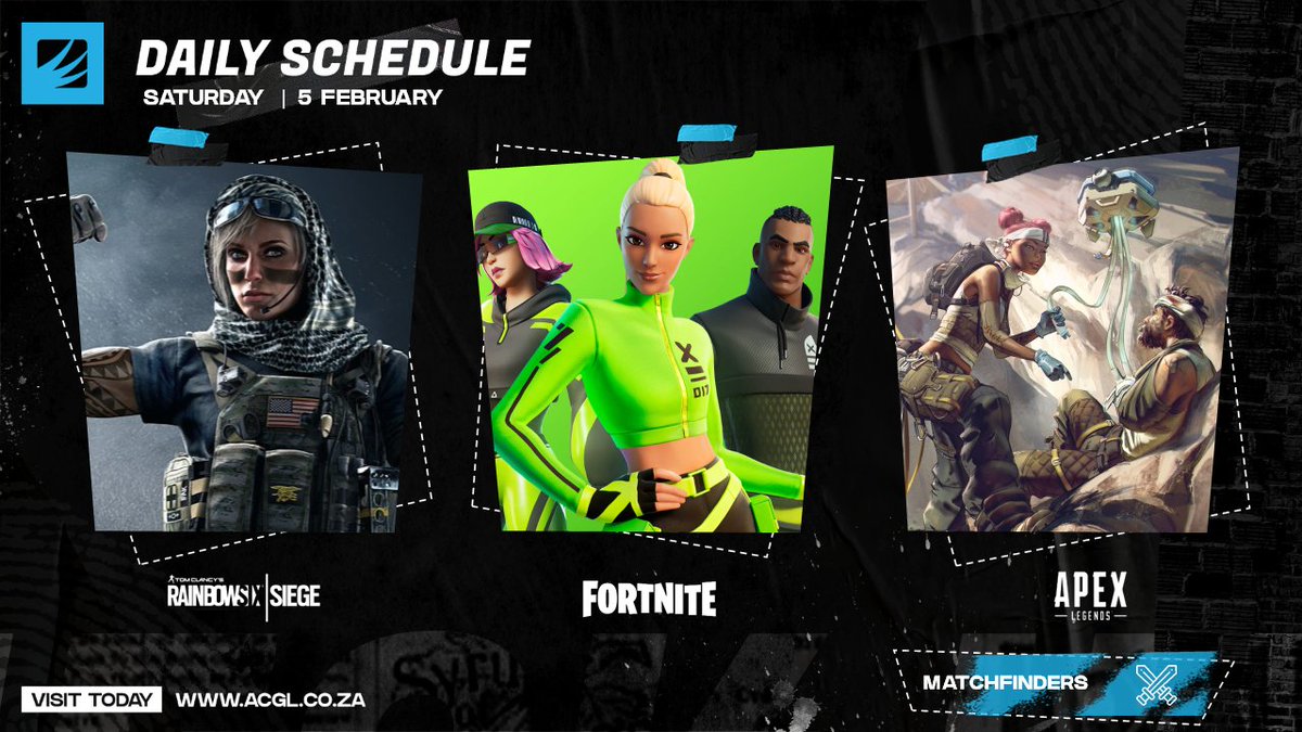 🏆 Online cups from 14h00 today:

6️⃣ #RainbowSixSiege | PC + PS
⚒ #Fortnite
🅰️ #ApexLegends

📝 Registrations open here: acgl.co.za/t

#SAgaming #GamingZA #gaming #SAesports #EsportsZA #esports #AfricanEsports #R6ZA #FortniteZA #ApexZA