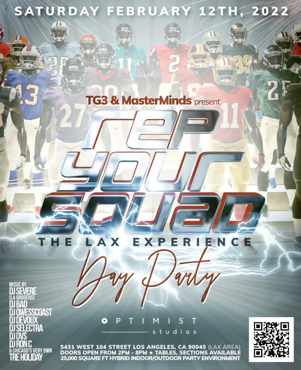 THE LAX EXPERIENCE REP YOUR SQUAD DAY PARTY  |  Saturday Feb 12 |  Doors open 2pm  | $35 Pre-Sale 
 
Mastermindeventsgroup.com
Advance tickets highly advised!

Rep your Team!!!! Over 25000 Square ft of Room to Mix and Mingle at a Distance.