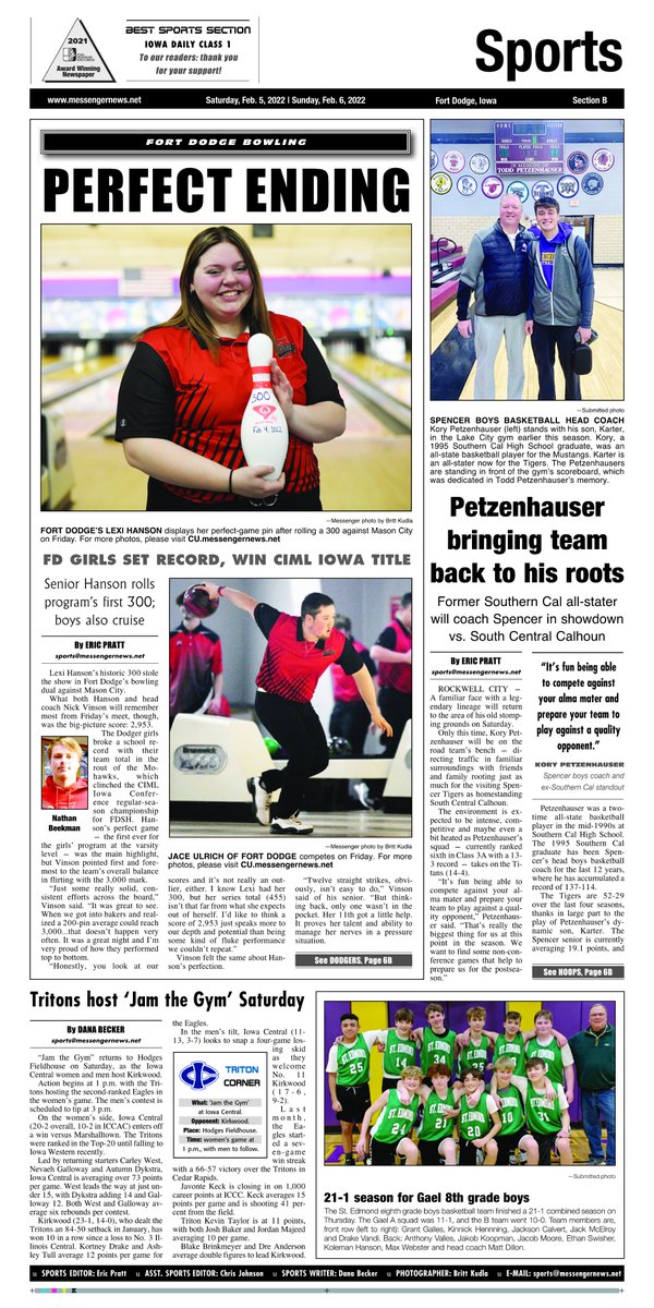 A first glance at Saturday's Messenger sports section. The Fort Dodge bowling teams sweep Mason City on a record-setting day for the girls (photos by @Britt_Kudla). Spencer coach Kory Petzenhauser returns to the area with his all-state son to take on South Central Calhoun.