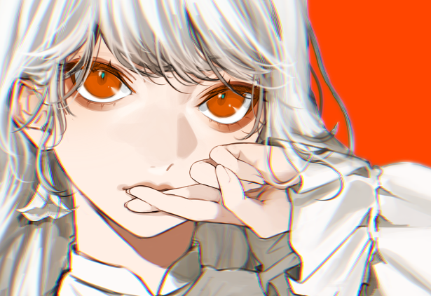 1girl solo orange eyes looking at viewer simple background long hair white hair  illustration images