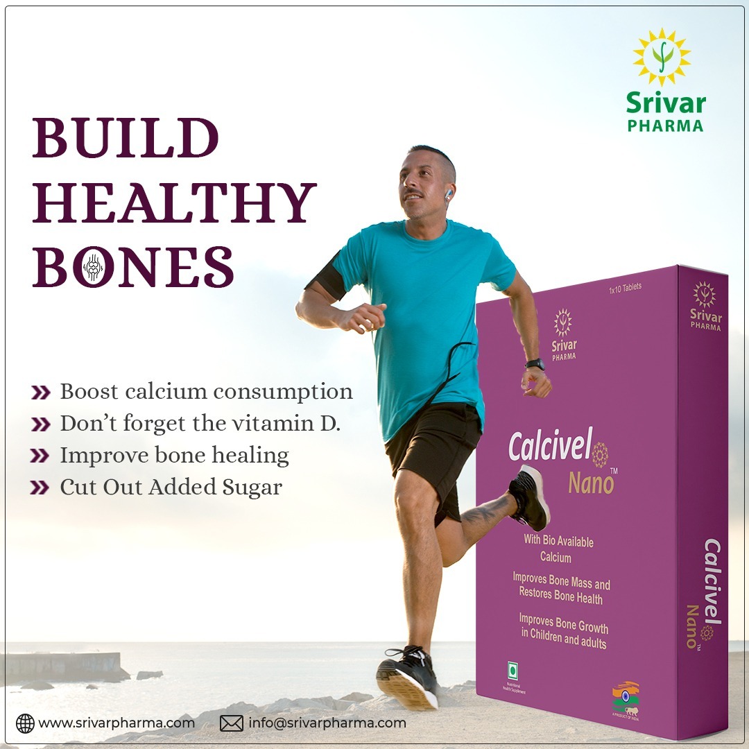 Healthy bones are a replica of healthy life. It's important to take care of your bone health by using our Calcivel Nano.

Visit Us : bit.ly/3HX3Bbz

#Srivarpharma #Nutraceuticals #CalcivelNano #Bone #Fighting #bonehealth #bonehealthy #calcium #vitamindfood #calcivelnano