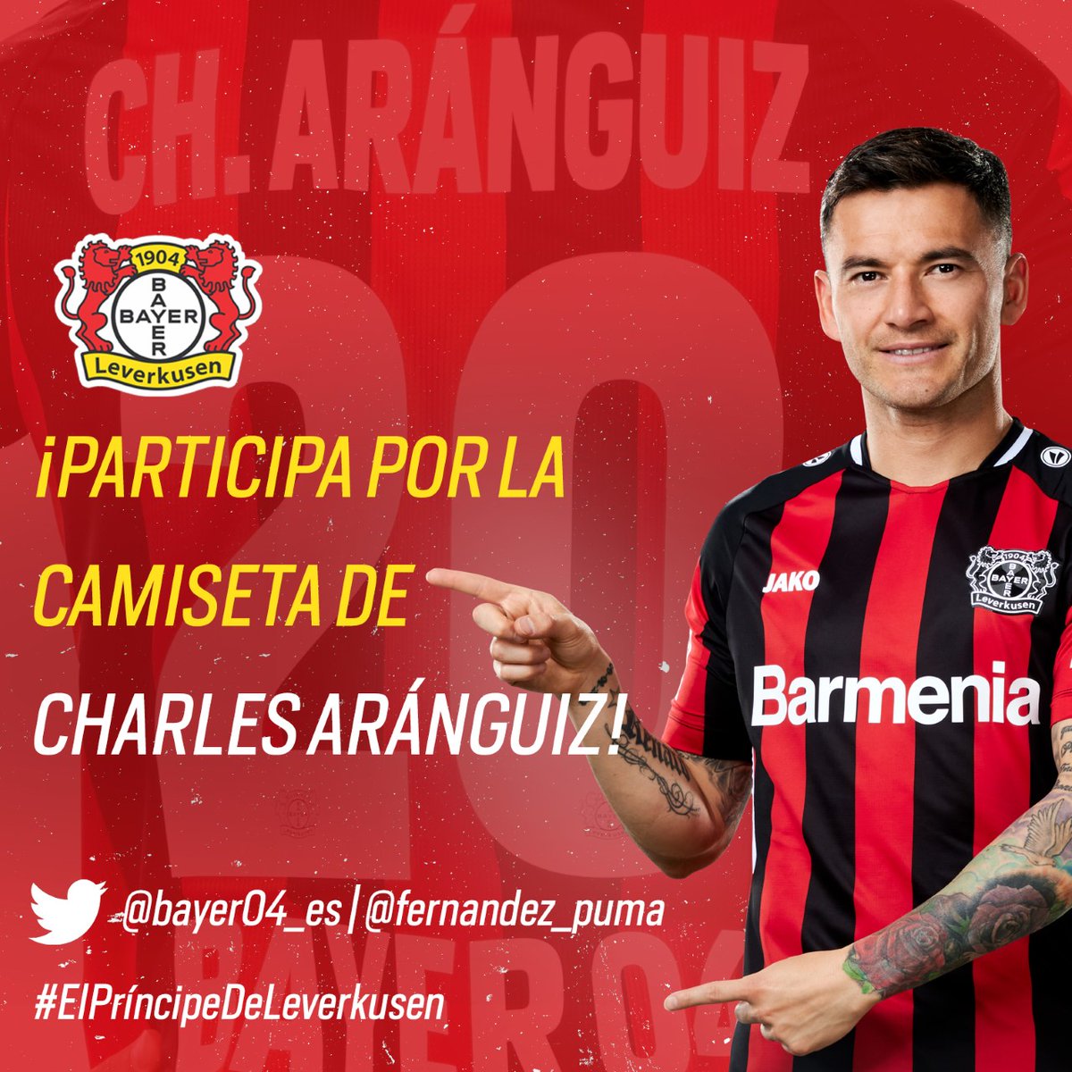 DINÁMICA JERSEY DE <a href="/CharlesAranguiz/">Charles Aranguiz</a>. 👕👑

1. Dar RT y LIKE a este tuit.
2. Seguir a <a href="/fernandez_puma/">José Tomás Fernández Pumarino</a> y <a href="/bayer04_es/">Bayer 04 Leverkusen</a> 
3. Usa el #ElPríncipeDeLeverkusen
 
Todos pueden participar por la camiseta.

El ganador -aleatorio- se dará a conocer el próximo 11 de febrero.