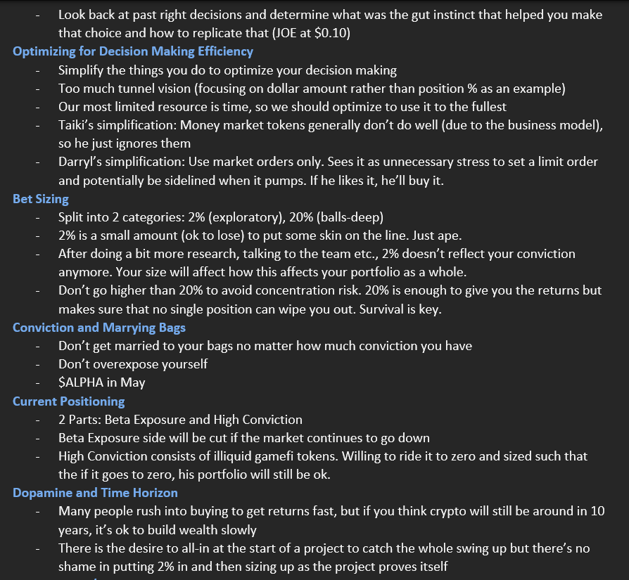 0xKira_'s tweet photo. Very nice discussion with 2 legends in the Defi space, @TaikiMaeda2 and @0xWangarian discussing:
-   Market Outlook
-   Painful Lessons
-   Sizing Bets
-   Discipline
-   Cutting Losses
-   And more!

Took some notes✍🏻enjoy!

Catch the full episode here:
https://t.co/XfqqWsSIqD https://t.co/uBnT5wu15l
