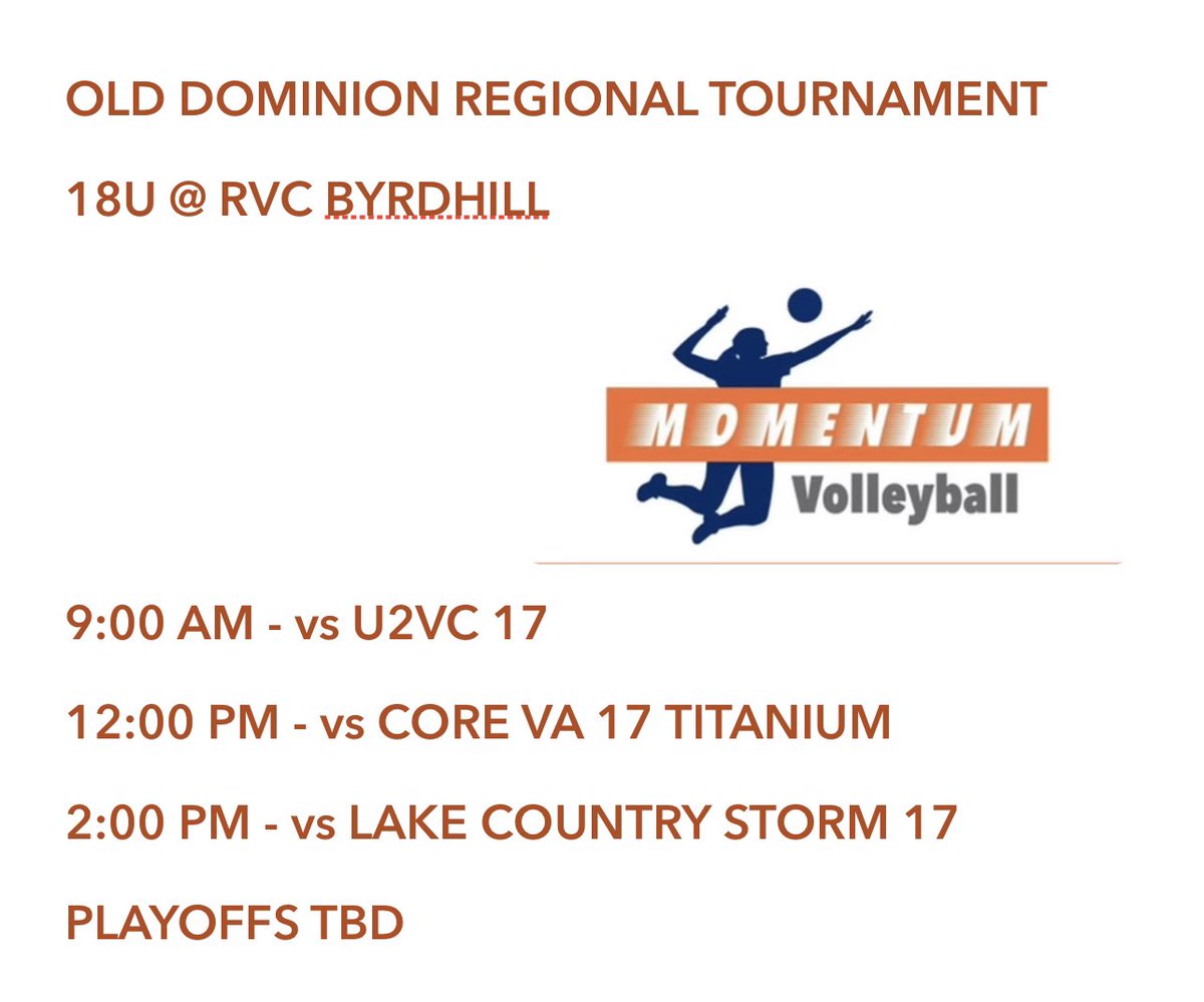 MomentumVB's tweet photo. Here is our schedule for tomorrow! Come check us out or follow our live feed @ https://t.co/RGYA2CmCjO @usavolleyball https://t.co/sZlK3V2lww