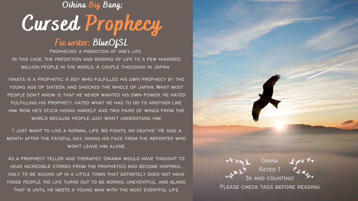 Hey hey!! My fic’s first chapter for @oihinabang , Cursed Prophecy is up! Thank you to Erine.Rin (discord) for betaing my fic 💙 Art is on the way though so keep an eye out! 

#oihina | Rated T | Multichaptered | wings!Hinata