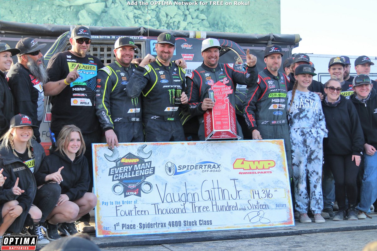 OptimaBatteries's tweet photo. Congratulations to @VaughnGittinJr & @healy_loren on winning the 4600 Class in their #FordBronco at the @4WheelParts #EverymanChallenge at the 2022 @Progressive @KingoftheHammer powered by #OPTIMAbatteries https://t.co/yuvwHvPgzE https://t.co/sK8sYySDkW