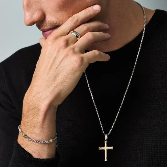 He’ll stand out in this stainless steel cross necklace, complete with  sleek goldtone accents. #avonmen