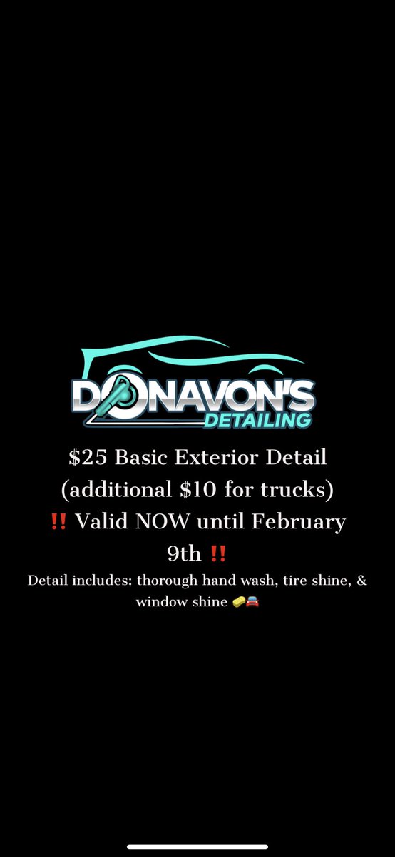 Quintend3's tweet photo. I know this recent weather got yalls whips dirty as well, so therefore I’ll be offering an exterior detail promotion effective now till January 9th! DM or text me if interested! https://t.co/oIFNsC2TMl