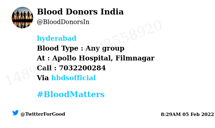BloodDonorsIn's tweet photo. #Hyderabad
Need #Blood Type :  Any group
Number of Units : 1
Primary Number : 7032200284
Via: @hbdsofficial
#BloodMatters
Powered by Twitter https://t.co/ZVXDZyymY9