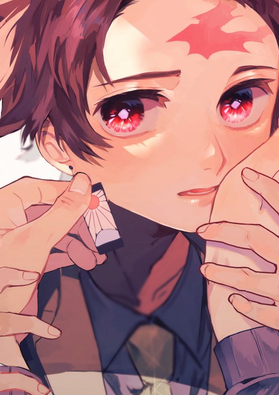 kamado tanjirou scar on forehead jewelry earrings scar on face scar male focus red eyes  illustration images