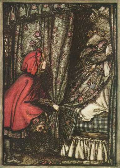 AmandaKespohl's tweet photo. "Nothing has changed since Little Red Riding Hood faced the big bad wolf. What frightens us today is exactly the same sort of thing that frightened us yesterday. It's just a different wolf." -Alfred Hitchcock
(Art by Arthur Rackham)  #fairytaletuesday https://t.co/vpwtyJQ3h3