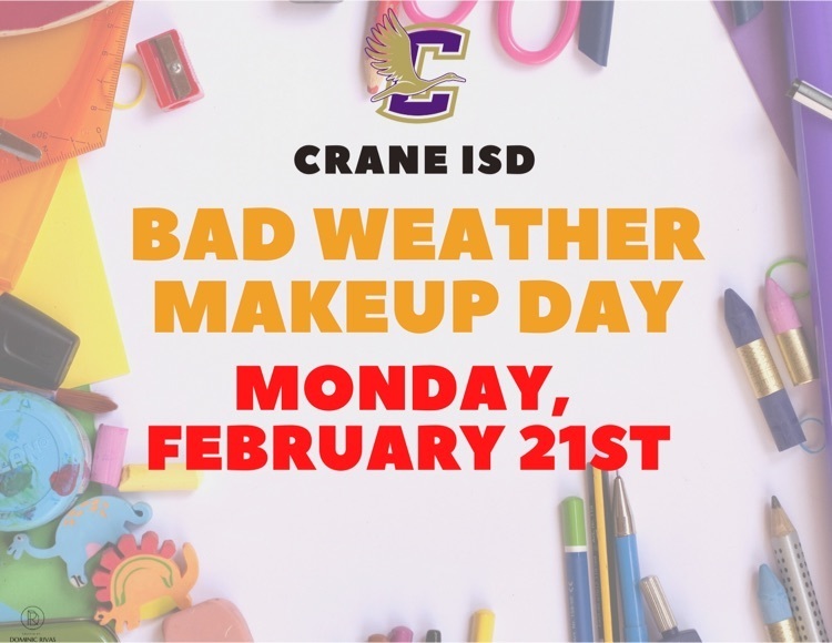 Crane High School (@cranehighschool) on Twitter photo Crane ISD Schools & District Offices will make up yesterday’s Bad Weather Day on Monday, February 21st.
<a href="/CraneISD/">Crane ISD</a> <a href="/DrSDHoward/">Dr. Stephanie Howard</a>
@FatimaEMnz @Cranems1
<a href="/CraneElementary/">Crane Elementary School</a> <a href="/ContrerasLindaR/">Linda Contreras</a> Crane ISD Schools & District Offices will make up yesterday’s Bad Weather Day on Monday, February 21st.
<a href="/CraneISD/">Crane ISD</a> <a href="/DrSDHoward/">Dr. Stephanie Howard</a>
@FatimaEMnz @Cranems1
<a href="/CraneElementary/">Crane Elementary School</a> <a href="/ContrerasLindaR/">Linda Contreras</a>