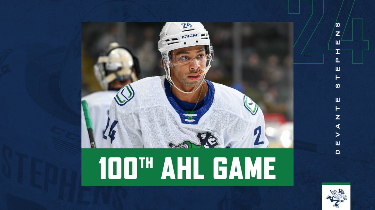 abbycanucks's tweet photo. Congratulations to Devante Stephens on playing in game number 💯of his @TheAHL career tonight 🎉

#AbbyCanucks https://t.co/PVitL84Kel