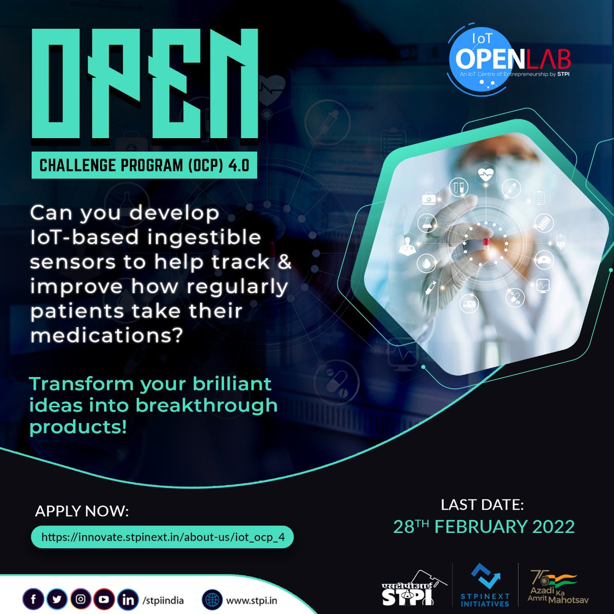 stpiindia's tweet image. Can you develop IoT-based ingestible sensors to help track &amp;amp; improve how regularly patients take their medications? Join #OCP4.0 of #STPIIoTOpenLab to transform your brilliant ideas into innovative products in #IoT domain! Apply now: innovate.stpinext.in/about-us/iot_o… #STPICoEs #STPIINDIA