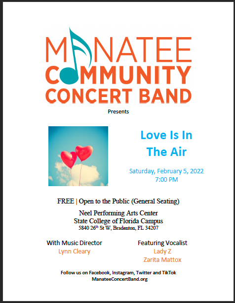 ManateeCommBand's tweet photo. Free Concert Sat 2/5/22 Neel Auditorium  sponsored by @VisitBradenton #freeconcert #music #band #bradenton #communityband https://t.co/SfUTroWC3b