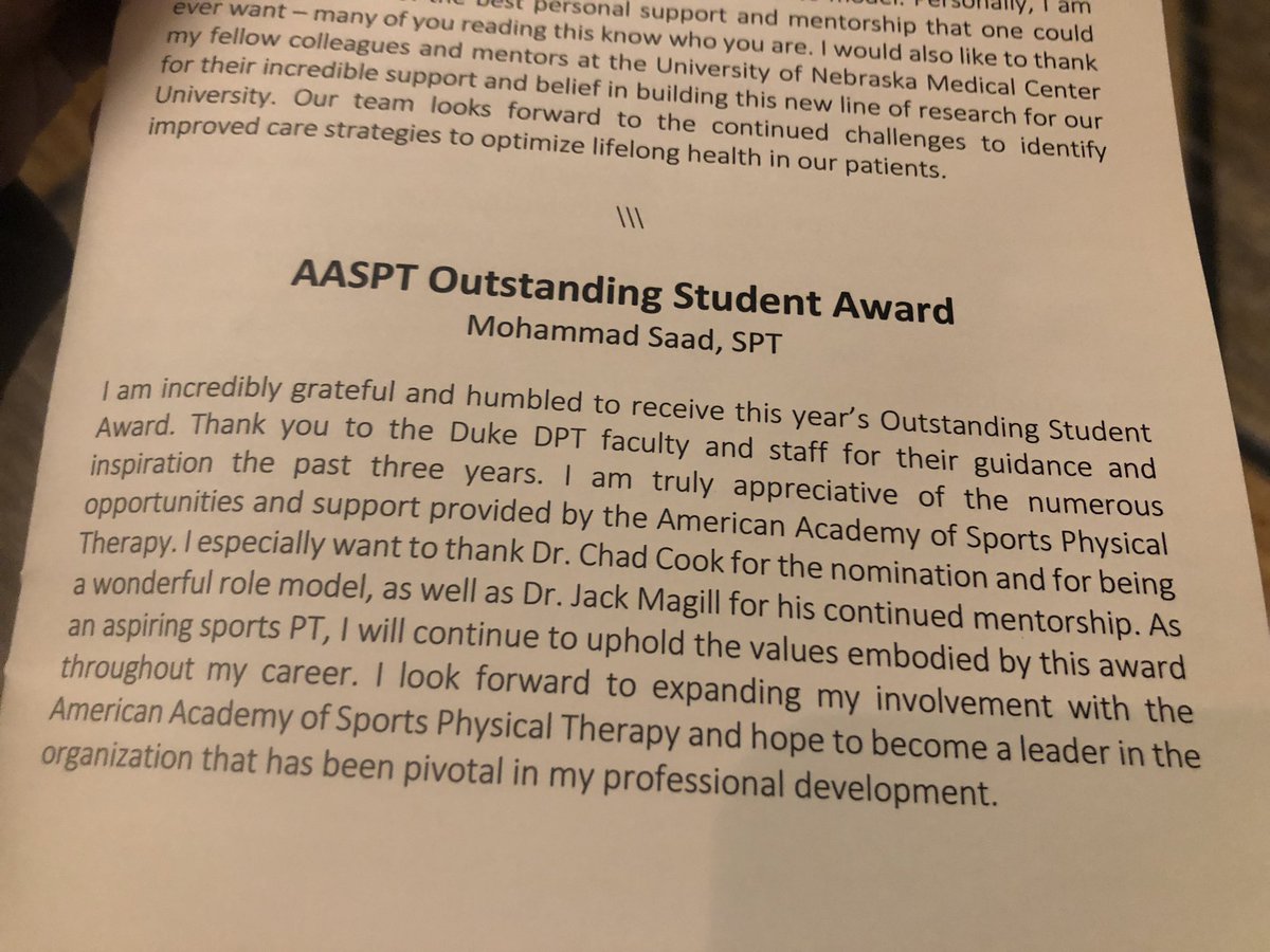 Duke_DPT's tweet image. Last year @DukeAlumni @rmeyersdpt #dukedpt2021 won the @aaspt_apta Outstanding PT Student Award &amp;amp; this year the award went to @APTANCSSIG Chair Mohammad Saad #dukedpt2022 @DukeStudents @DukeMedSchool #dptstudents - both were recognized tonight @APTAcsm #DukeatCSM #ForeverDuke