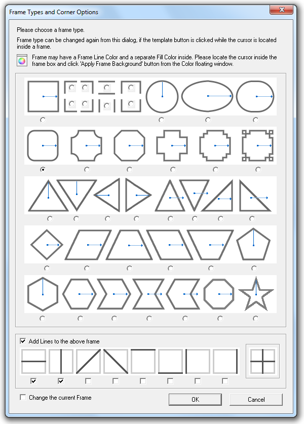 Frame Types, Frame Corner options and additional Line options supported by MathMagic v8.8 for Windows.