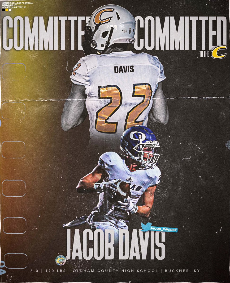 Jacob_Davis02's tweet image. Excited to announce my commitment to continue my athletic and academic career at @CentreFootball!! I want to thank my family, coaches and everyone who has ever supported me on this journey! Grateful for the opportunity!!#PEV @CoachLash @CoachAndyFrye @OCColonelNation