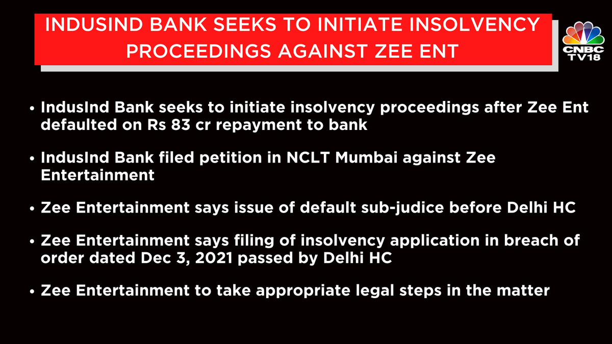 stock_infomania's tweet photo. #MyIndusIndBank seeks to initiate insolvency proceedings against #Zee Ent after co defaulted on ₹83 cr repayment to the bank
#zeeentertainment #INDUSINDBK https://t.co/OhAcCBgKfq
