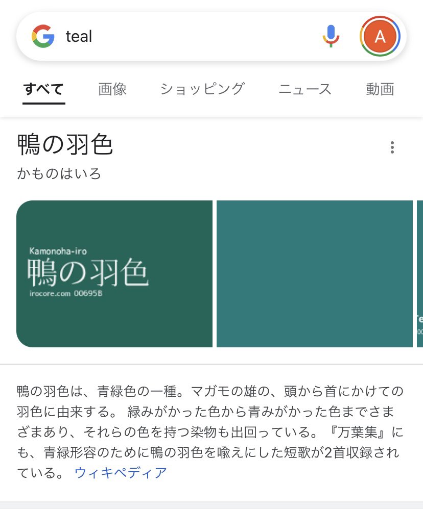 Asahipan 子どもらがyoutube見て水色みたいな色のことを英語で ティール とか呼ぶから なんじゃその色はと思ってググってみたら 鴨の羽色 あちらではメジャーな色らしいけどこちらでは聞いたこともない色だった Youtubeで英語教育
