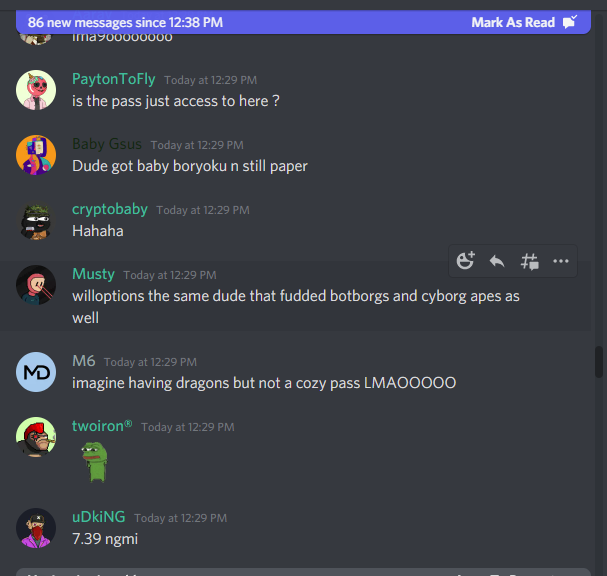 be sure to buy a <a href="/aCozyPlaceDAO/">A C◎zy (the caller) Place</a> pass. exclusive alpha from angry 16 yr olds! harassing anyone selling at floor. strong community imo such cozy vibes man.