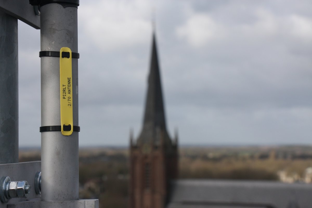 PE1OFO's tweet photo. Today our local repeater was born PI2RLT in JO32DJ 438.225Mhz -7.6Mhz tone 77Hz antenna height about 40 meters on the church after the tallest building in the neighborhood ;-). It was a very nice project to do. In collaboration with many local amateur radio operators. https://t.co/mNLfQw2oBD
