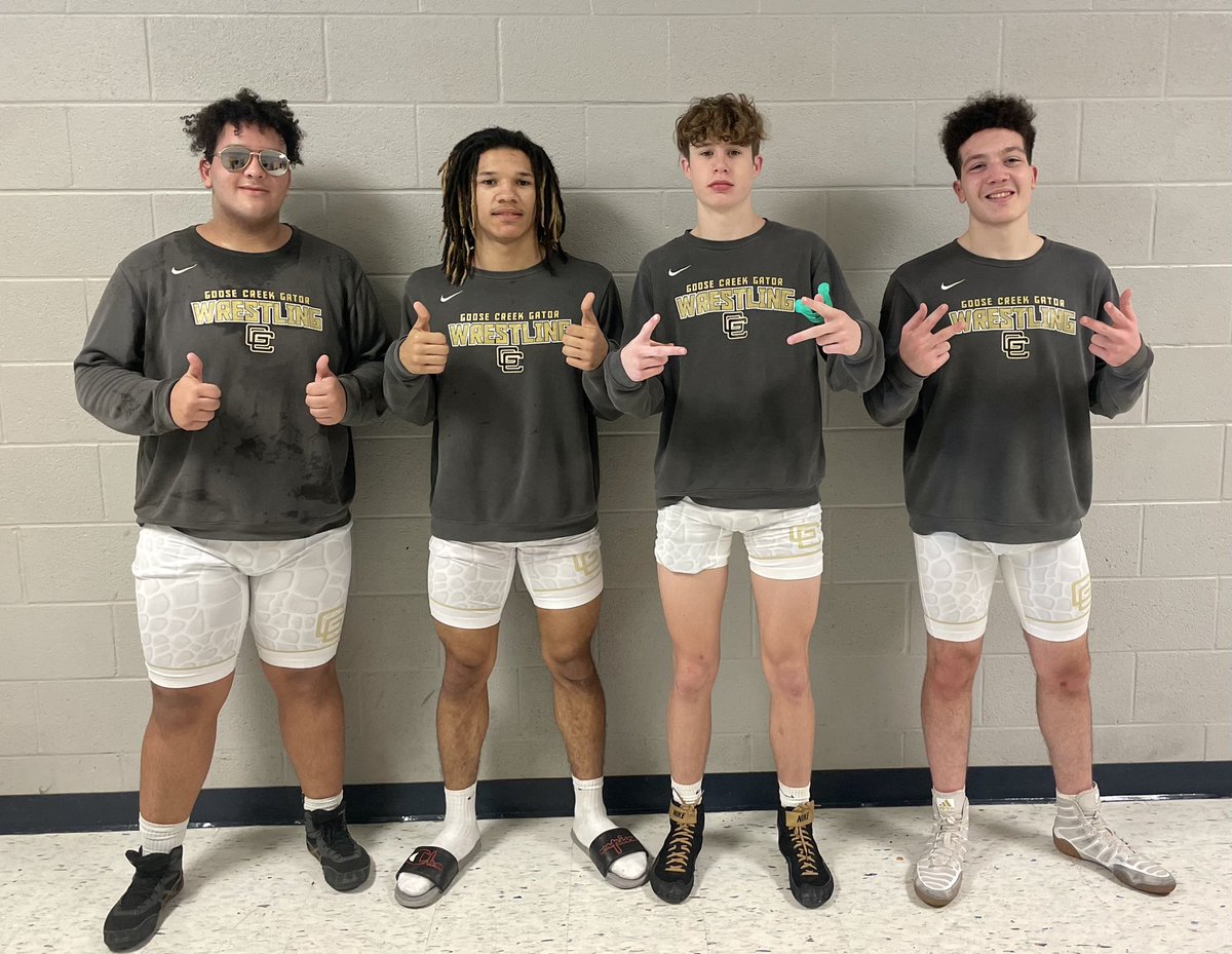 GCGatorAthletic's tweet photo. Congratulations to our Gators 
Wrestlers that have qualified for the 5A State Individual Championships next weekend
Preston Rhodes 138
Allen Knight 170
Caden Dudley 182
Micah Thompson 285  @SEisbergWCIV @GanttRob @KevinLive5 @GooseCreekHigh https://t.co/4auYFWycxu