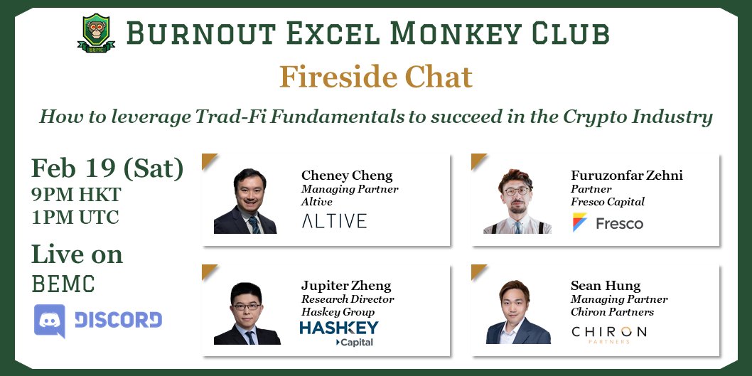 Thank you all for attending our inaugural fireside chat! We had a very fruitful discussion around “how to leverage traditional finance fundamentals to succeed in the crypto industry” with our star speakers Cheney, Furu, Jupiter and Sean.