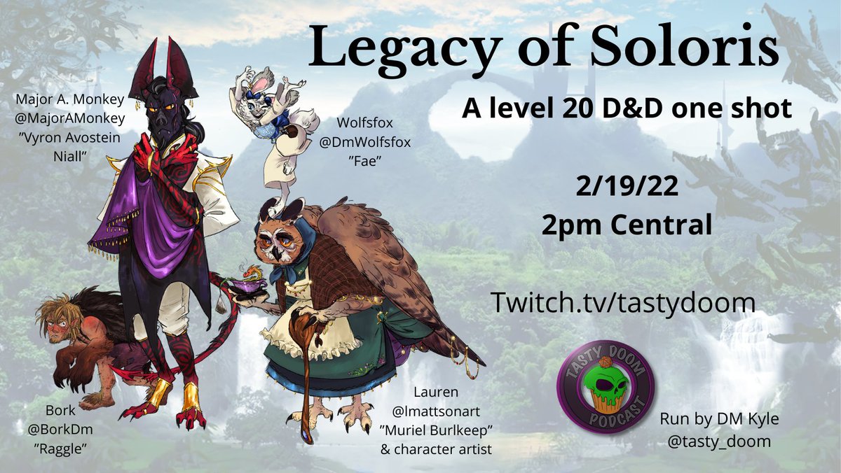 We have 10 minutes before we go live. Join us twitch.tv/search?term=Ta… and see what chaos we come up with in Soloris as level 20 characters. 

#dnd #ttrpg #ttrpgfamily #Livestream 
@tasty_doom <a href="/BorkDm/">Dm Bork</a> @lmattsonart <a href="/MajorAMonkey/">Majora Monkey</a>