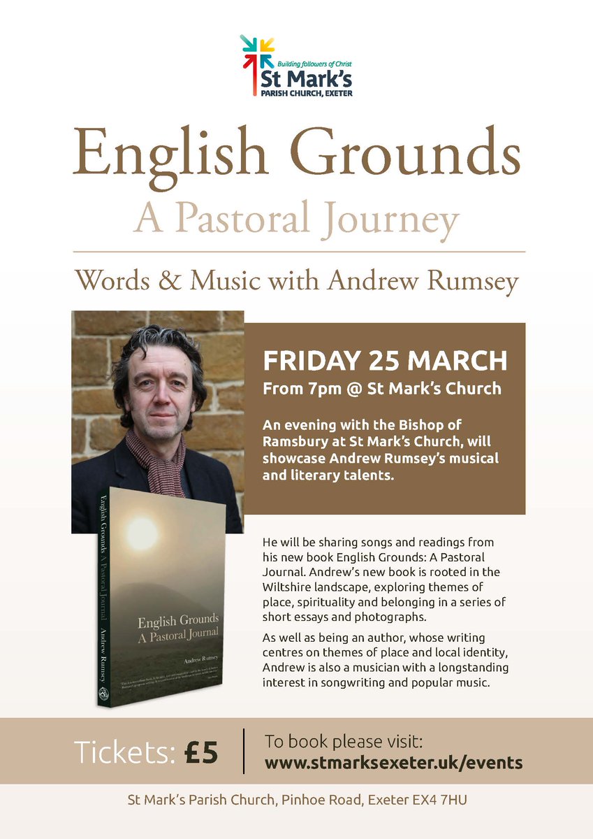 StMarksExeter's tweet photo. Very excited to be hosting @RevAndrewRumsey as he launches his beautiful book English Grounds and shares his music too. Do join us for what should be a splendid evening @PolsloeCA @PLHexeter @CofEDevon @jackiesearle09 @JonnyElvin1 https://t.co/N6GJqP1fZt