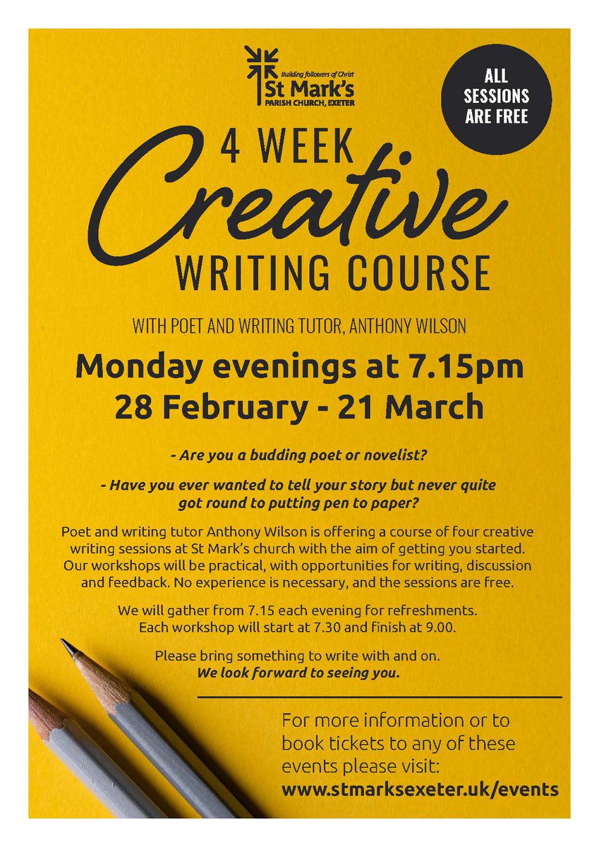 StMarksExeter's tweet photo. Interested in creative writing? Want some support and encouragement in getting going or refining your craft? Come and join us for our free 4-week course with Anthony Wilson 
@revhannaha
@PolsloeCA 
@PLHExeter
@exeterwriting
 @anthonywilsonpoetry.com https://t.co/ftRNopeSFI