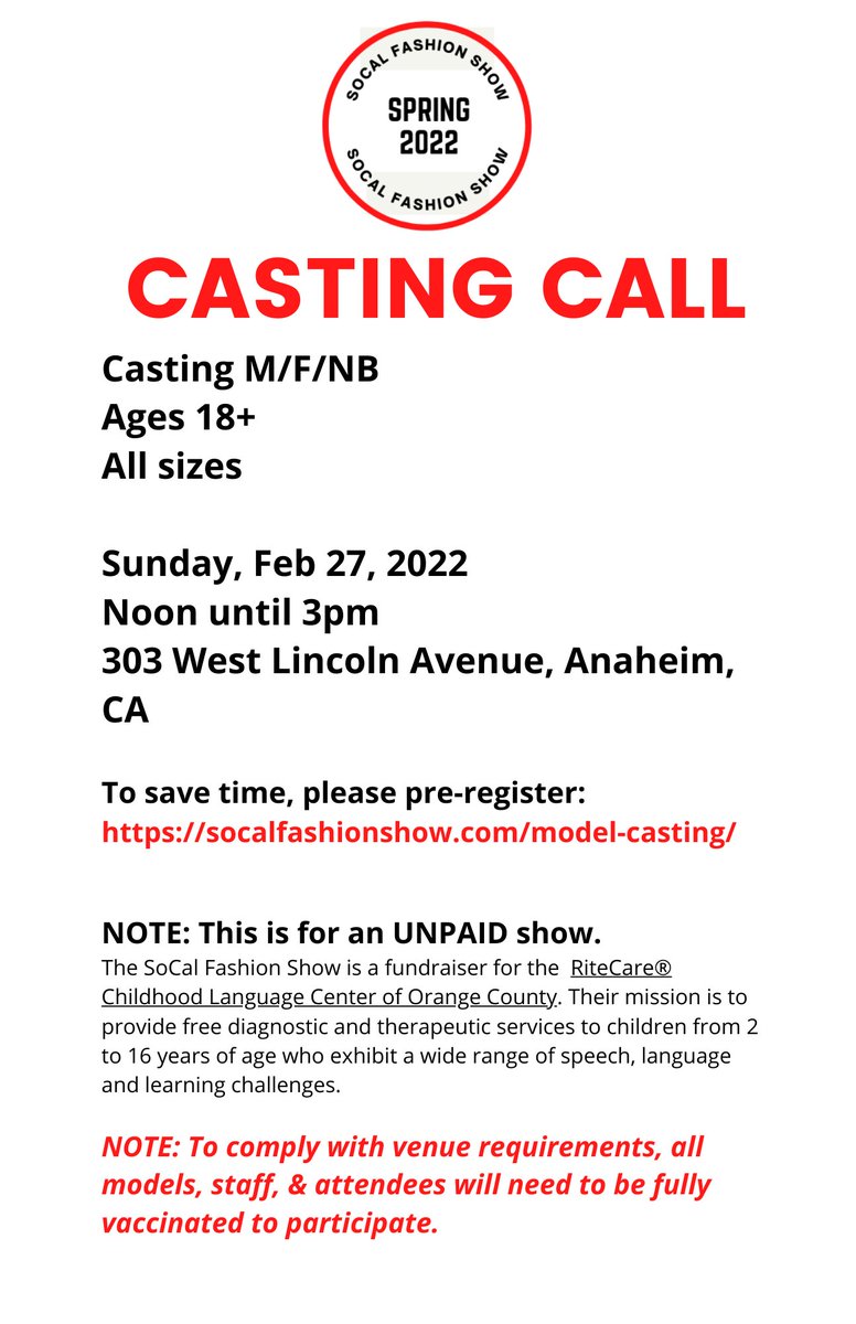 Casting call for the Spring 2022 SoCal Fashion Show
#castingcall #fashionshow #models