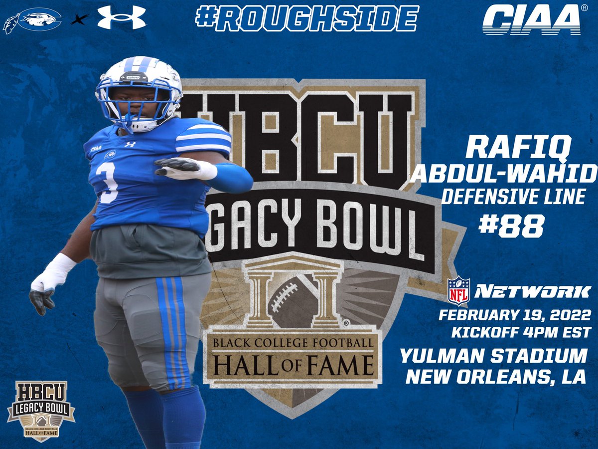 Chowan Football (@chowanfootball) on Twitter photo 2022-02-19 15:39:41 Three of our Hawks are competing today in the @HBCULegacyBowl presented by the Black College Hall of Fame! #1 Imeek Watkins #12 Bryce Witt #88 Rafiq Abdul-Wahid 📍Yulman Stadium, New Orleans 📆2/19/22 ⏰ 4PM EST ‼️Tune in to NFL Network #roughside #shouldabeenahawk Three of our Hawks are competing today in the @HBCULegacyBowl presented by the Black College Hall of Fame! #1 Imeek Watkins #12 Bryce Witt #88 Rafiq Abdul-Wahid 📍Yulman Stadium, New Orleans 📆2/19/22 ⏰ 4PM EST ‼️Tune in to NFL Network #roughside #shouldabeenahawk