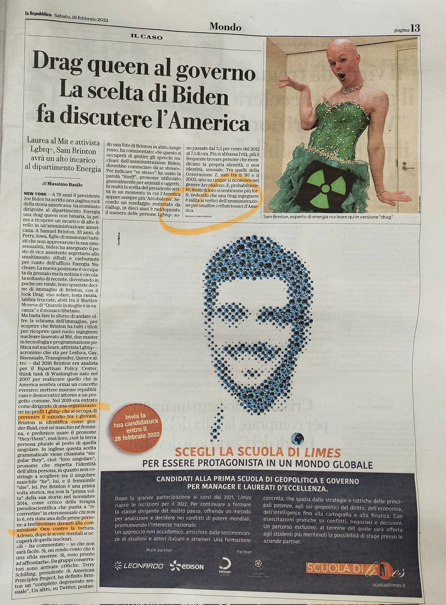 Una #dragqueen con un curriculum simile la vorrei pure io al governo.
Invece dobbiamo mantenere gente come Di Maio,Salvini,Meloni i cui curriculum fanno letteralmente piangere. 
Ma piangere tanto.
#19febbraio #Freedom 
<a href="/gmarcoc/">Gianmarco Capogna 🏳️‍🌈🍉</a> <a href="/PossibileLGBTI/">Possibile LGBTI+</a> <a href="/ilColibriLGBT/">Il Grande Colibrì</a> 
Oggi su <a href="/repubblica/">Repubblica</a>