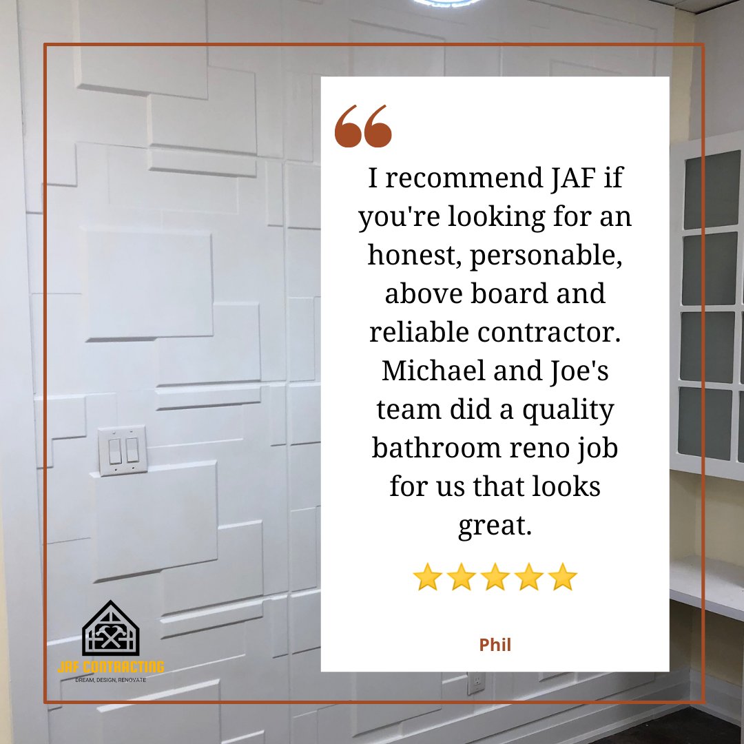 JAFContracting's tweet photo. Thank you for the review Phil! 
_____________________
✅ Licensed and Insured

✅ Use of skilled labour and skilled trades

✅ Quality workmanship and products

✅ Peace of mind 

#reviews #googlereviews #reviewer #renovation #consultation #renovationspecialists #homerenovation https://t.co/4nfUsGZC55