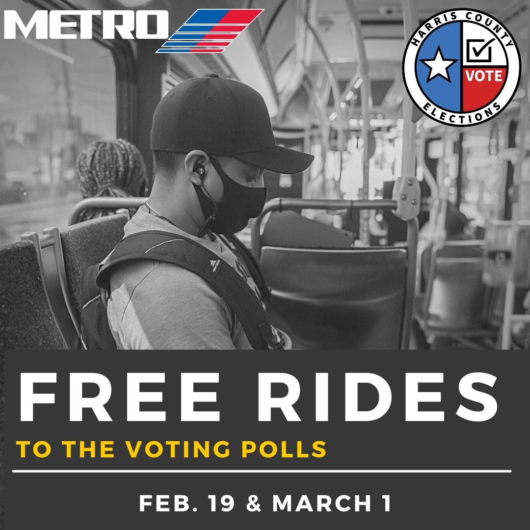 HarrisVotes's tweet image. 🚌 Need a ride to vote?
Catch a FREE round-trip ride with @METROHouston to the polls. Rides will be available today from 7 AM to 7 PM. 
👉 bit.ly/3Jx4rN5
📍 HarrisVotes.com/PollLocations
#YourVoteYourVoice #HarrisVotes