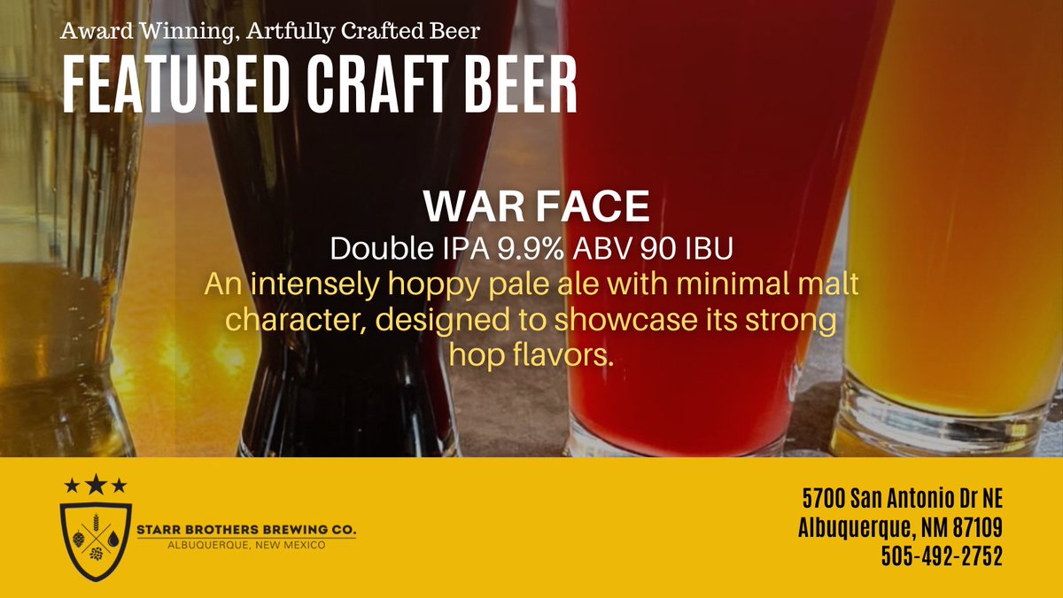 Featured Craft Beer -  War Face
Try one of our amazing craft beers today. Check the monitors,  our website,  or ask your server for the current list of craft beers. Cheers! 🍻⭐️ 505-492-2752  #craftbeer #abqbreweries #bestbreweryABQ #ABQCraftBeer ow.ly/HCaa50HYNUt
