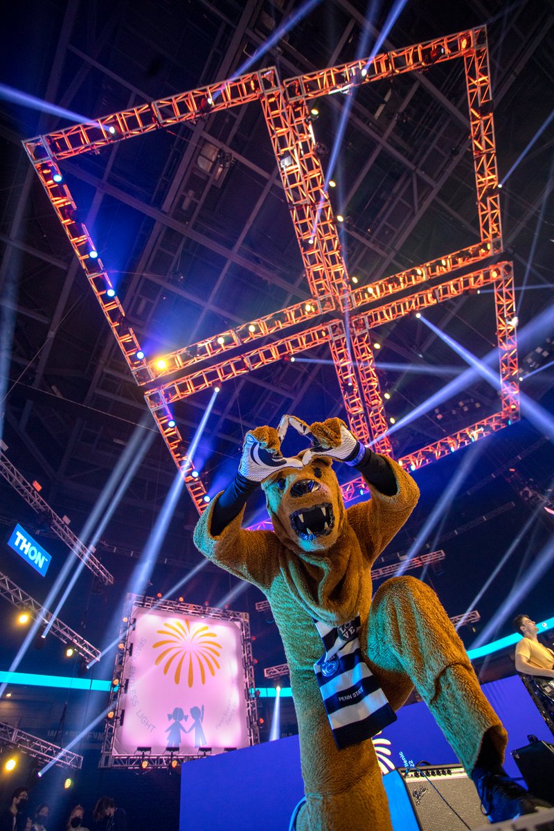PennStHershey's tweet photo. The lion sleeps at night ... unless he's the Nittany Lion at #THON2022 💠 @THON dancers remain on their feet at BJC — join the magic from home at https://t.co/VsFTtKZPpS #FTK https://t.co/mttUwE7i8W