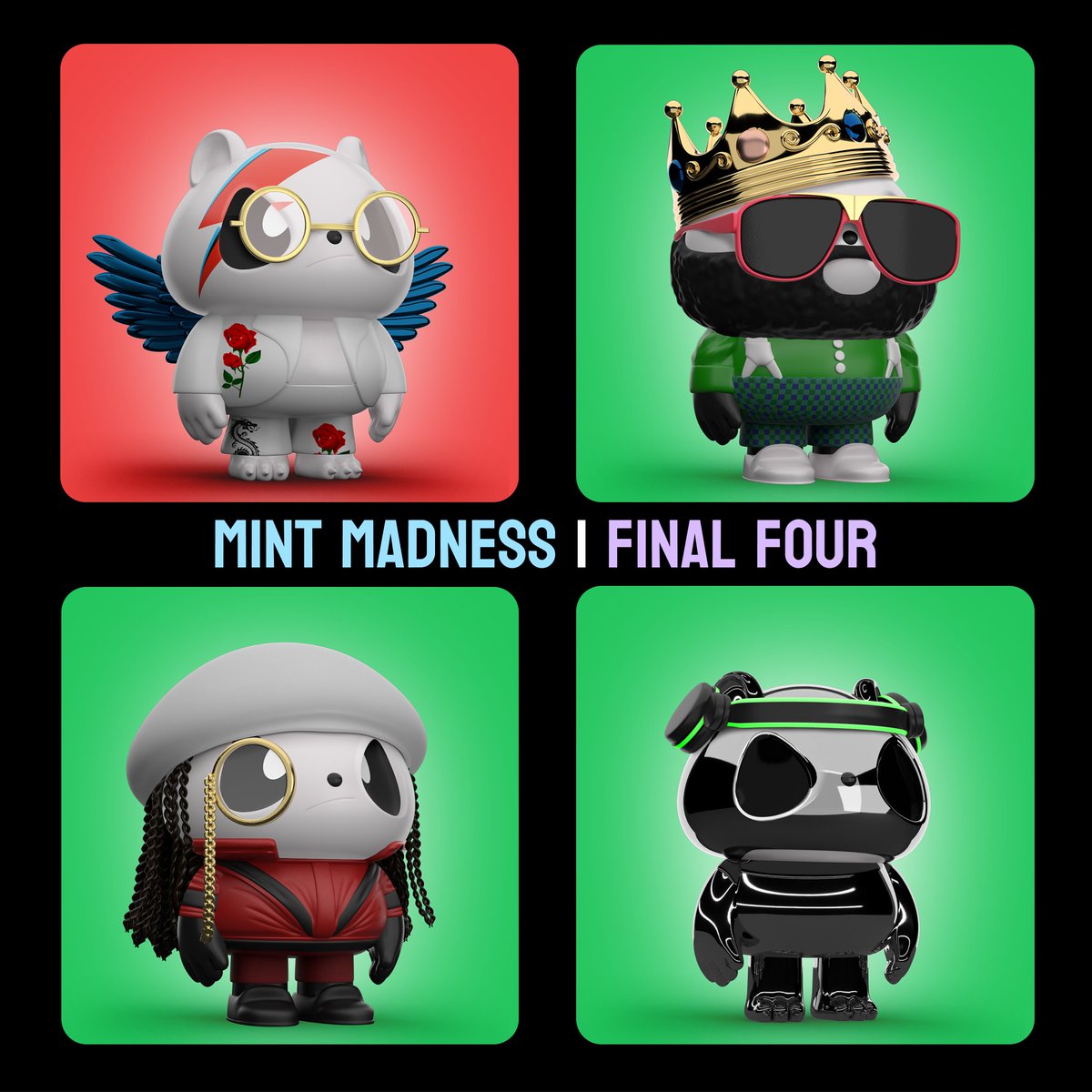 afpnft's tweet photo. This is your Mint Madness FINAL FOUR. 

Representing Dance, Pop, Hip Hop &amp; Rock, these Almost Famous Pandas are ready to battle for the 🏆.

First semi-final match begins shortly → https://t.co/z6Of4ejHgc https://t.co/bQjE2vR2Dm