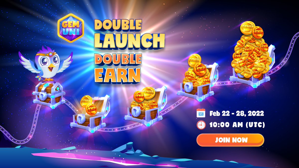 gemuniofficial's tweet photo. Following Double Launch-NFT marketplace &amp; Casual Gaming Platform, #GemUni is about to organize a great gaming week called #DoubleLaunch #DoubleEarn 🔥

📆 10 AM UTC Feb 22nd - Feb 28th 
💸  Double Earn with In-game rewards &amp; Rewards from the community

👉https://t.co/bkplMQSqZn https://t.co/0QA2TGmwYx