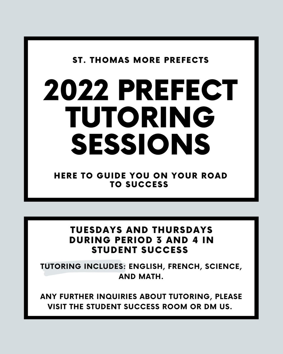 STMPrefects's tweet photo. Do you need assistance with your academics? Your STM Prefects are here to help! 

📚| Where? Student Success
👨‍🎓| Who? All Students Grade 9-12
⏰| When? Period 3 and 4

DM us with any inquiries about tutoring, or visit Mrs. Di Giovanni/Mrs. Dyment in Student Success! https://t.co/0Ne7SLAtpq